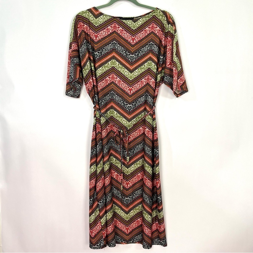 Karin Steven’s Brown Green Multicolor Chevron Print Front Tie Belt Dress Sz L